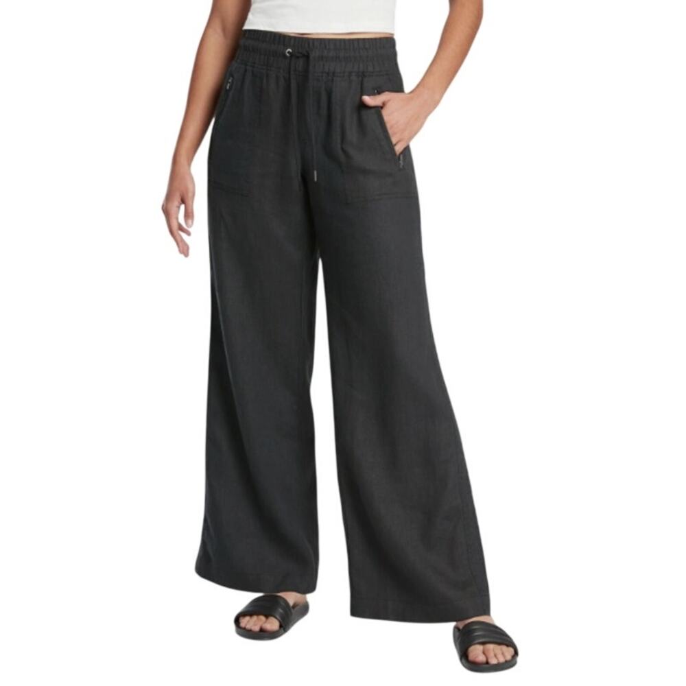 Athleta Cabo 100% Linen Wide Leg Pants Black Size 4 Drawstring Resort Travel